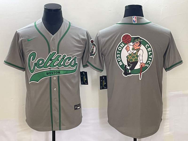 Men's Boston Celtics Gray Team Big Logo With Patch Stitched Baseball Jersey Men's Boston Celtics Gray Team Big Logo With Patch Stitched Baseball Jersey